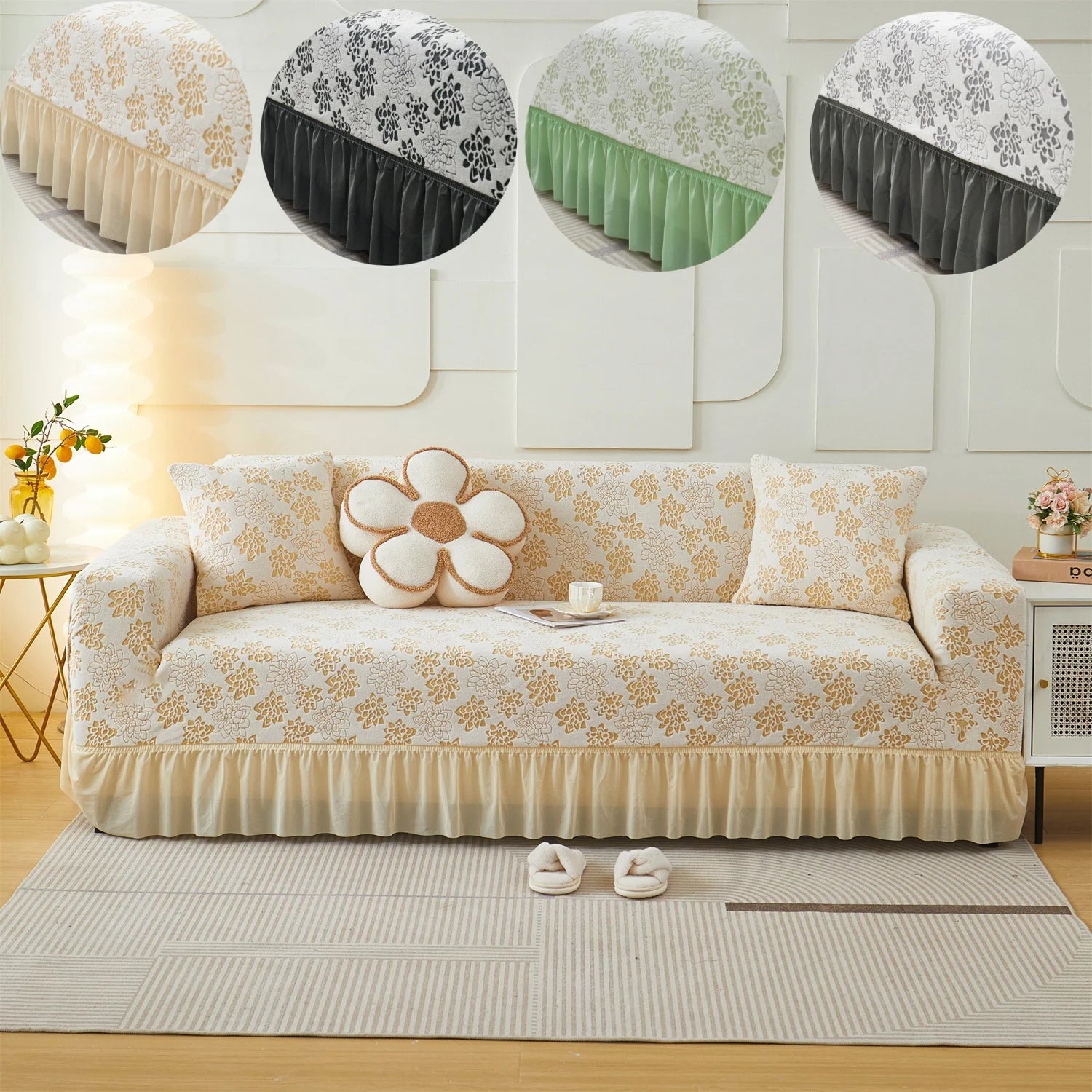 High-Elastic Peony Jacquard Polar Fleece Stretchy Sofa Cover